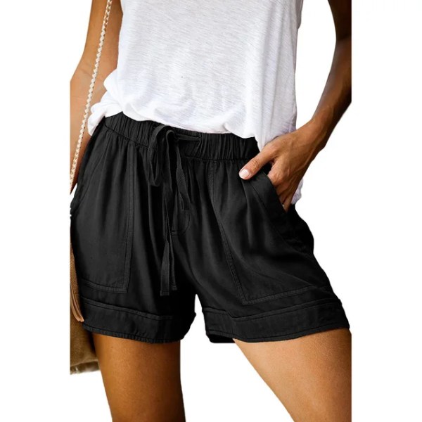 Uformelle shorts for kvinners sommer med høy midje snøring i løs kypert bukser med vidde ben Black XXL