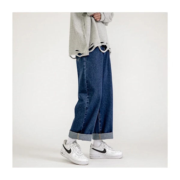 Koreansk mode herr baggy jeans klassiska enfärgade raka ben denim vida ben byxor man ljusblå grå svart B XXXL