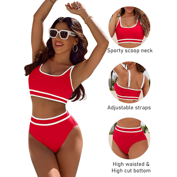 Bikinisett for kvinner med høy midje, sporty todelt badedrakt, fargeblokk, frekk høy utskjæring Red XL