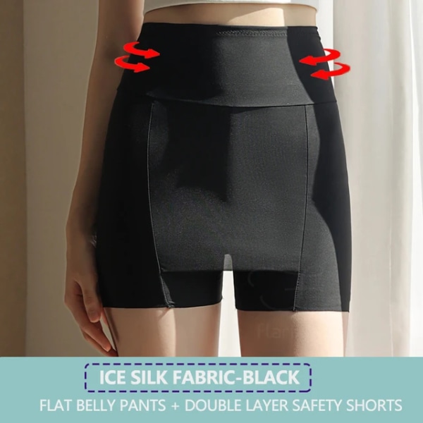 Ice Silk Hög midja Dam Magkontroll Seamless Shorts Dubbellager Under kjolen Boxer Skyddsbyxor Dam Shapewear BLACK L