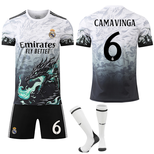 Real Madrid Special Edition Tröja med Drakmönster, Nr 6 CAMAVINGA, Barn & Vuxen, Fotbollsutrustning med Strumpor NO.6 CAMAVINGA 26