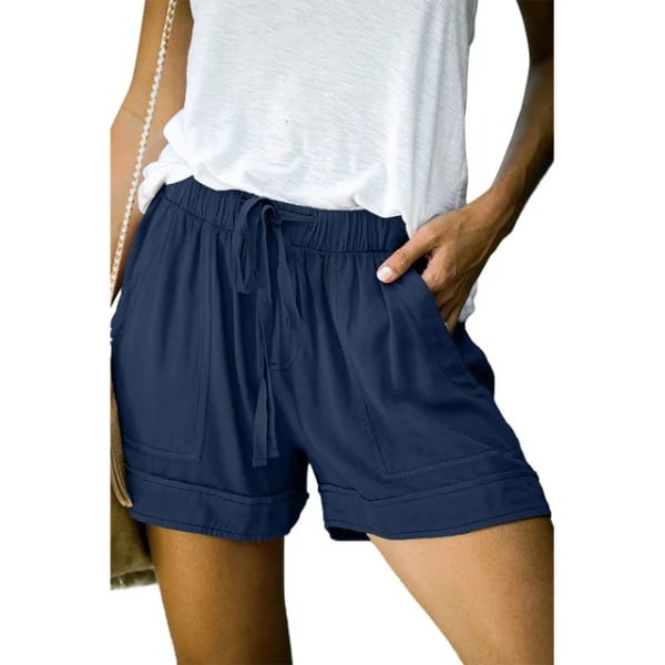 Uformelle shorts for kvinners sommer med høy midje snøring i løs kypert bukser med vidde ben DEEP BLUE L