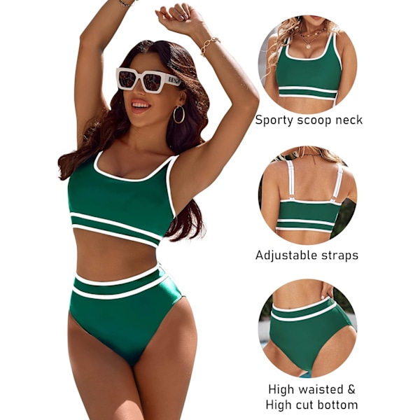 Bikinisett for kvinner med høy midje, sporty todelt badedrakt, fargeblokk, frekk høy utskjæring Deep Green XL