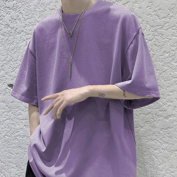 100 % bomull fem halvärm för män sommar-T-shirt för kvinnor Lös kortärmad Casual Basic skjorta O-hals Enfärgad Oversize PURPLE S