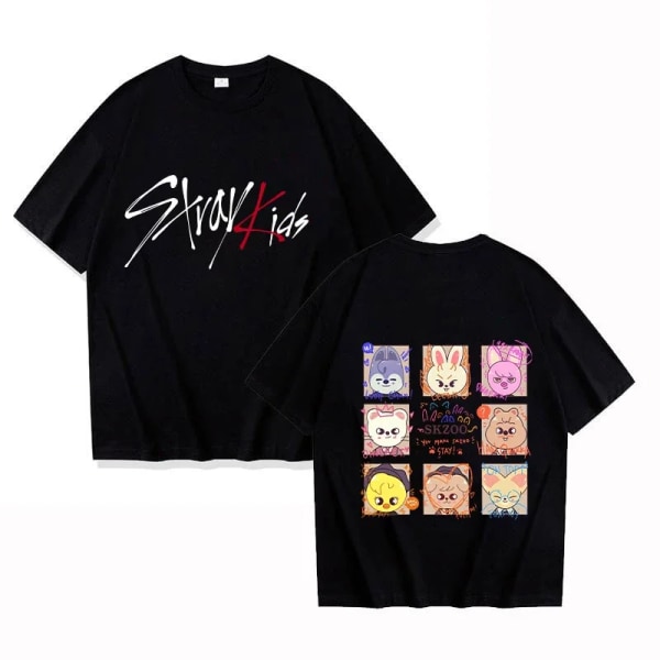 Ny Stray Kids Tryckt T-shirt för Kvinnor, Herrmode, Kortärmad, Casual, Sommar, Dam Toppar, Tees TL45-Black XL