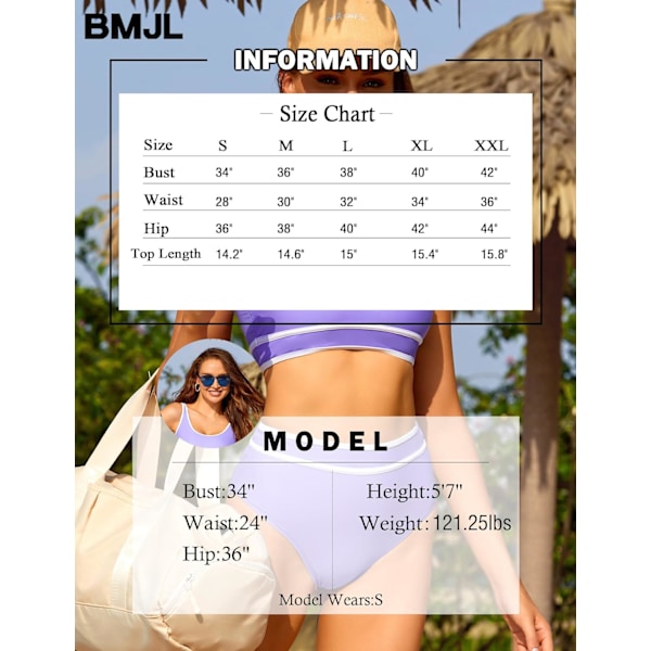 Bikinisett for kvinner med høy midje, sporty todelt badedrakt, fargeblokk, frekk høy utskjæring Purple M