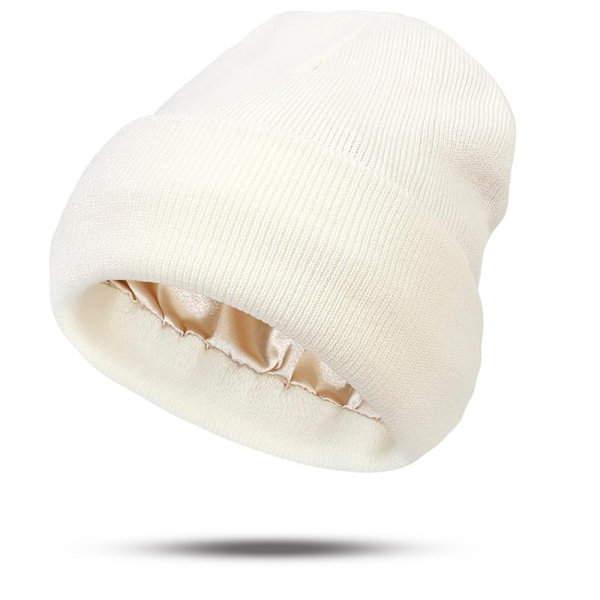 Varm stickad mössa med silkefoder för vintern, viktig vintermössa för lockigt hår, hårvård, värme, vinterresa white 56-58cm