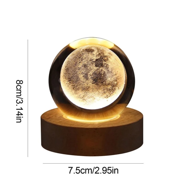 USB Natlys LED Krystalkugle Bordlampe 3D Moon Planet Galaxy Dekoration til hjemmet Bordlampe Festlegetøj til børn Voksenjulegaver Moon 6cm