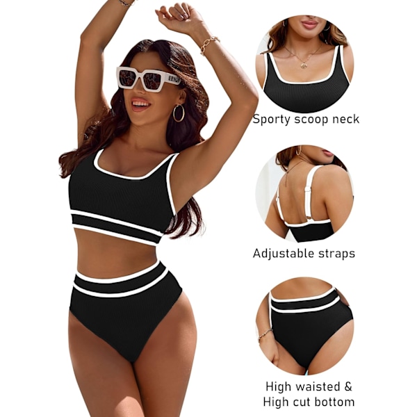 Bikinisett for kvinner med høy midje, sporty todelt badedrakt, fargeblokk, frekk høy utskjæring Black XL