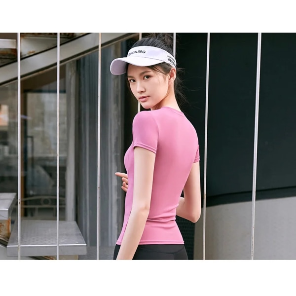 Sport for kvinner Treningsklær Slank løpende svetteabsorberende magre yogaklær Hurtigtørkende klær Kortermet T-skjorte pink XL
