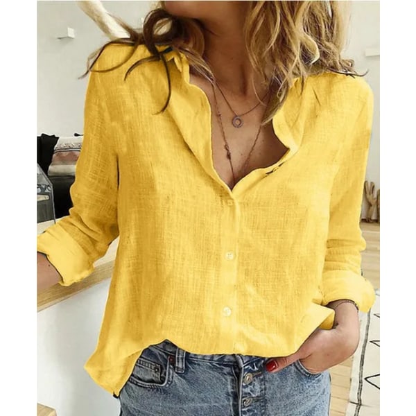 Kvinnor Casual Långärmad bomullslinneskjorta Eleganta solida koftor Höstknappslagsskjorta Lös överdimensionerad blus tunikor Yellow XL