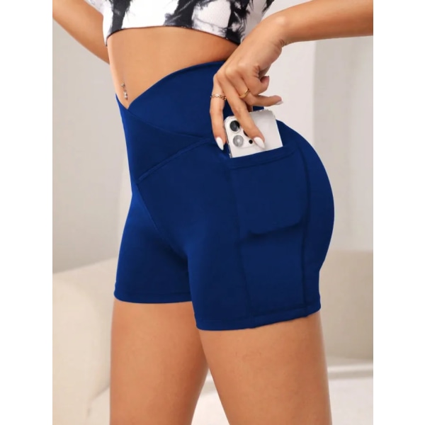 Kvinder High Waist Yoga Sport Biker Shorts til Fitness Cross Waist Pocket Yoga Pant Deep Sapphire L