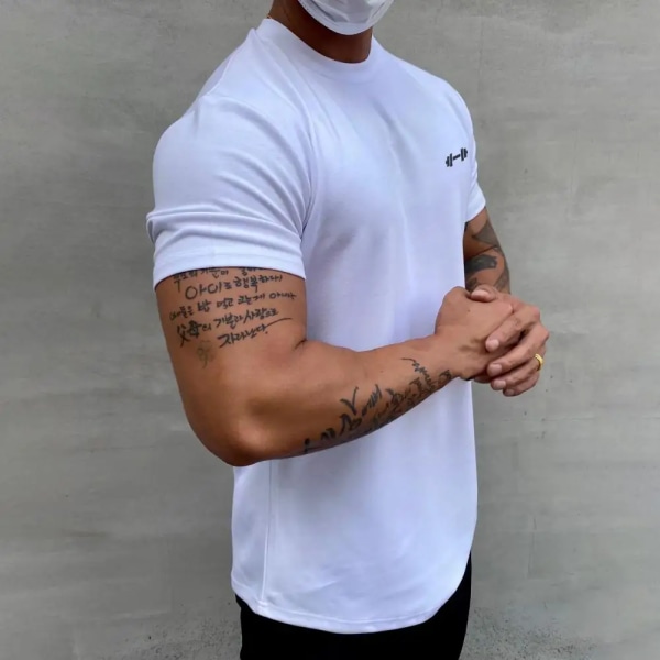 Herre T-shirt Mænd Sport Gym Muskel Fitness T-shirt Bluser Løs Halv ærme Sommer Bodybuilding Tee Tops Herretøj White L