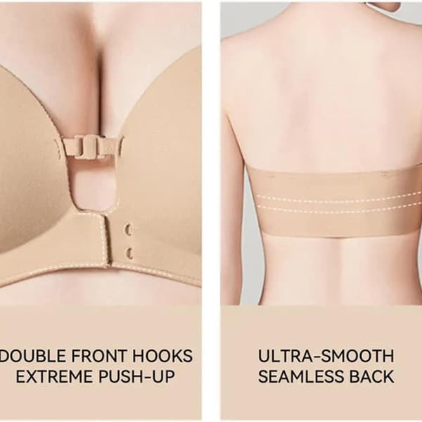 Stroppløs BH for kvinner med frontlukking og push-up, sklisikre avtakbare stropper, trådløs sømløs Black Medium