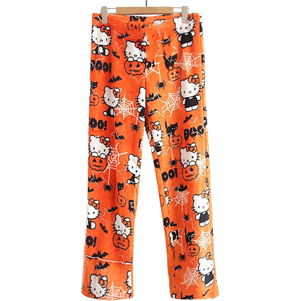 Cartoon HelloKitty Flannel Pajamas Pants for Women Halloween Gift Halloween Orange XL