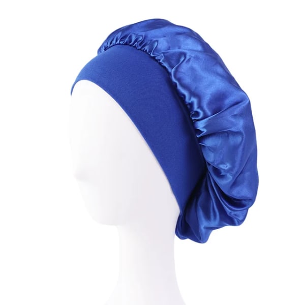 Kvinde satin solid bredskygget sovehat Unisex hovedomslag Elastisk båndkasket Hårpleje Bonnet Nat Hat bonnet de nuit Royal Blue