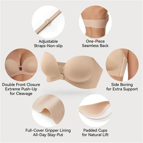 Stroppløs BH for kvinner med frontlukking og push-up, sklisikre avtakbare stropper, trådløs sømløs Skin Medium