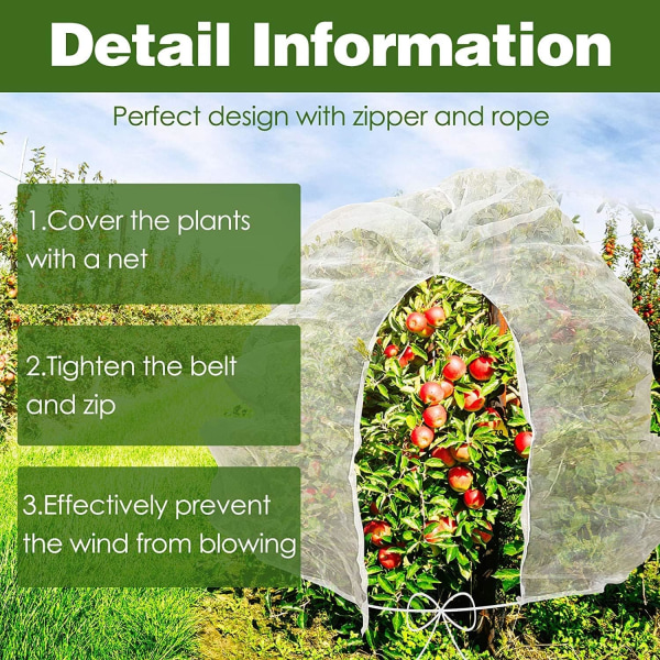 Insekt- og fuglenett med glidelås, hagedeksel for å beskytte planter, frukt og blomster mot insekter og fugler 160×180cm