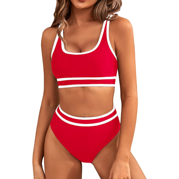 Bikinisett for kvinner med høy midje, sporty todelt badedrakt, fargeblokk, frekk høy utskjæring Red M