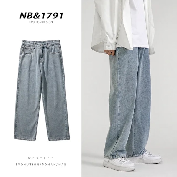 Koreansk Mode Mænds Baggy Jeans Klassisk All-match Ensfarvet Lige Ben Denim Brede Ben Bukser Mand Lyseblå Grå Sort E S