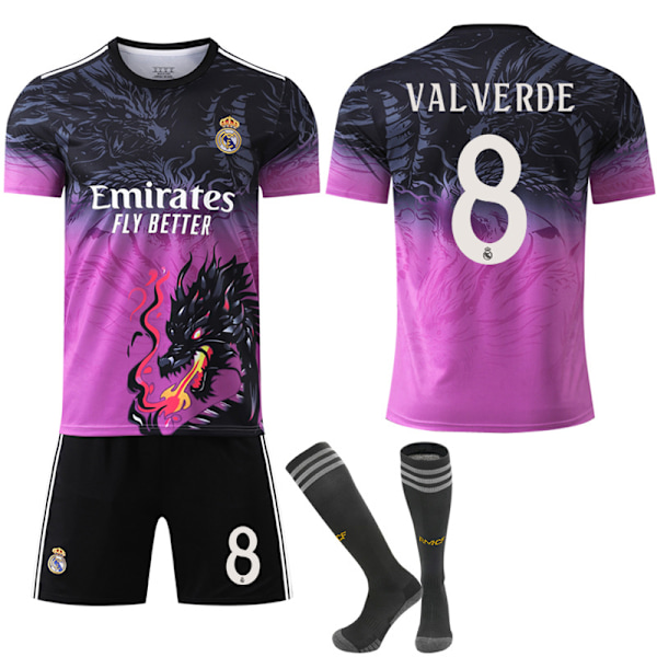 24-25 Real Madrid CF Dragon Anniversary Edition Svart Lila Tränings T-shirt NO.8 VALVERDE Tröjor Barn Vuxen Fotbollsutrustning med Strumpor NO.8 XS