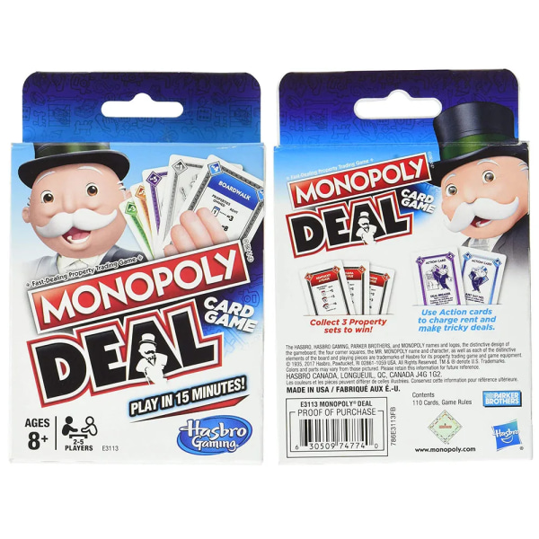 Hasbro Monopoly Deal Blue Box engelsk versjon Kortspill Familie Morsom underholdning Brettspill Moro Poker Spillekort Barneleker Light Grey