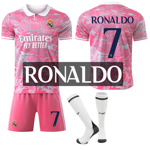 25-26 Real Madrid CF Rosa Drakmönster Special Anniversary Edition NO.7 RONALDO Tröjor Barn Vuxen Fotbollsutrustning med Strumpor NO.7 26