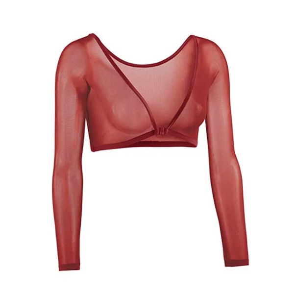 Sexig sommar Dam Mesh Crop Top Långärmad Klänning Basic Tee Elegant T-shirt Blusas Sheer Transparent Top Shirts Robe Femme Red M