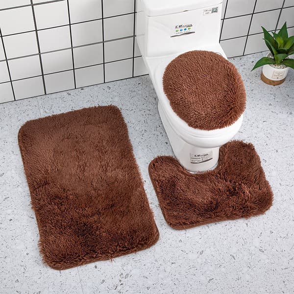 Baderomsmatte i bomull, ensfarget, sklisikker baderomsgulvteppe Brown 3PCS