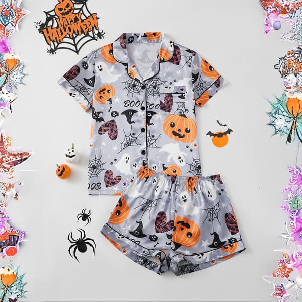 Pyjamas i satin för kvinnor, pyjamas i siden, korta set, 2 delar, myskläder S-XL black ghost S