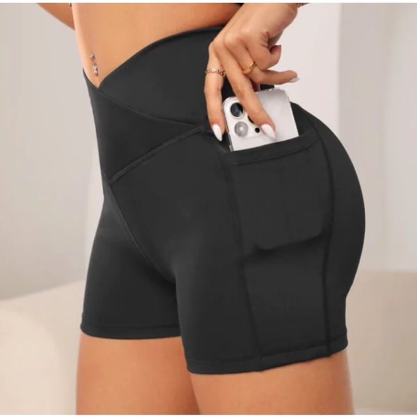 Kvinder High Waist Yoga Sport Biker Shorts til Fitness Cross Waist Pocket Yoga Pant Dark Grey S