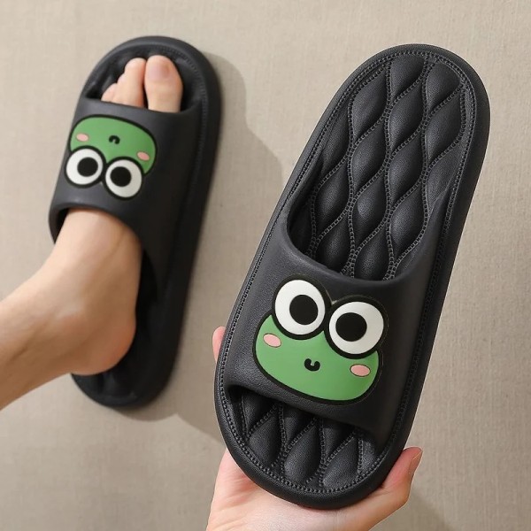 Sommer Strand Slides Badeværelse Anti Slip Tøffel Non-Slip Hjem Flip Flops Tegneserie Frø Bløde Sandaler Black 36-37