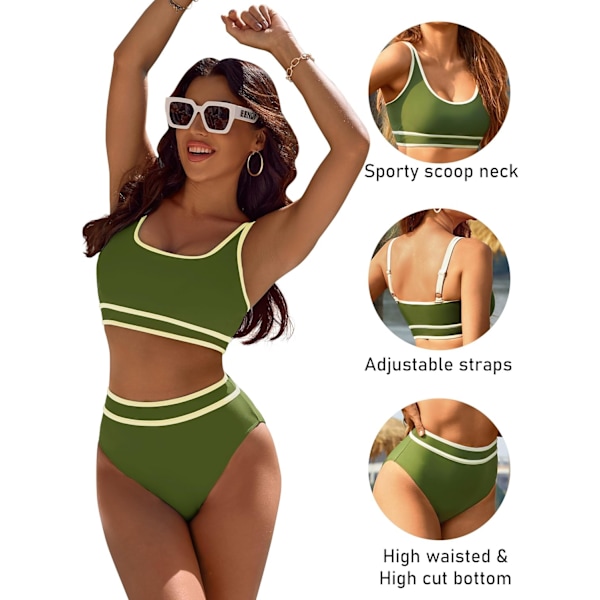 Bikinisett for kvinner med høy midje, sporty todelt badedrakt, fargeblokk, frekk høy utskjæring Green XL