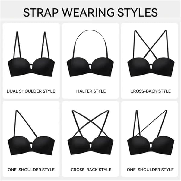 Stroppløs BH for kvinner med frontlukking og push-up, sklisikre avtakbare stropper, trådløs sømløs Black Medium