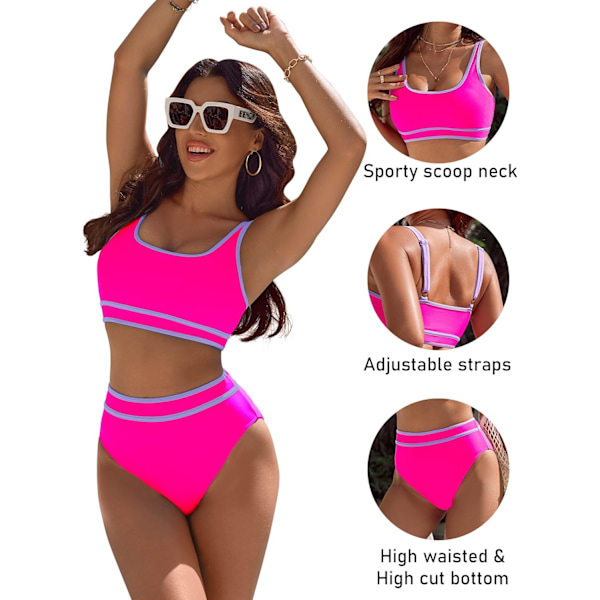 Bikinisett for kvinner med høy midje, sporty todelt badedrakt, fargeblokk, frekk høy utskjæring Rose S