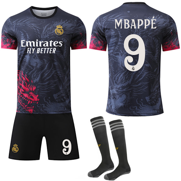 24-25 Real Madrid Dragon Mønster Special Edition Sort Rød Trøje NR.9 MBAPPE Trøjer Børn Voksen Fodboldudstyr med Sokker NO.9 MBAPPE 20