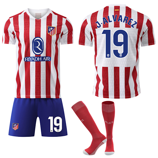 25-26 Atlético Madrid Hjemme NO.19 J.Alvarez Drakter Sett Barn Voksen Fotballutstyr med Sokker NO.19 22