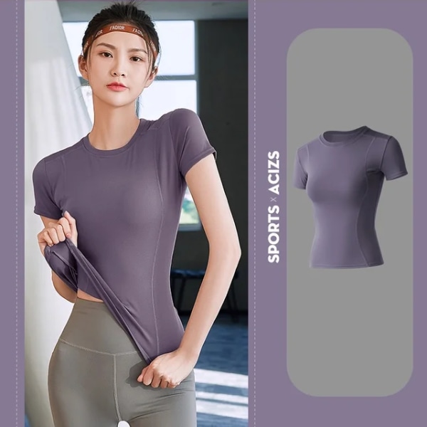Naisten Urheilu Fitness Vaatteet Ohut juoksuhikeä imevät laiha joogavaatteet Nopeasti kuivuvat vaatteet Lyhythihainen T-paita Purple XL