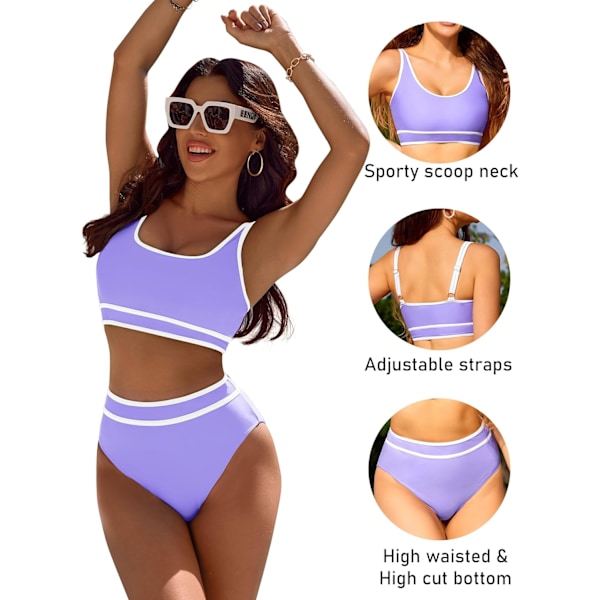 Bikinisett for kvinner med høy midje, sporty todelt badedrakt, fargeblokk, frekk høy utskjæring Purple M
