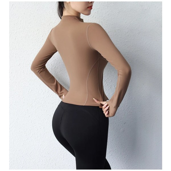 Yogafrakke kort sportsjakke fitnesstøj til kvinder slankende kropsskulptur yogajakke med lynlås Brown S