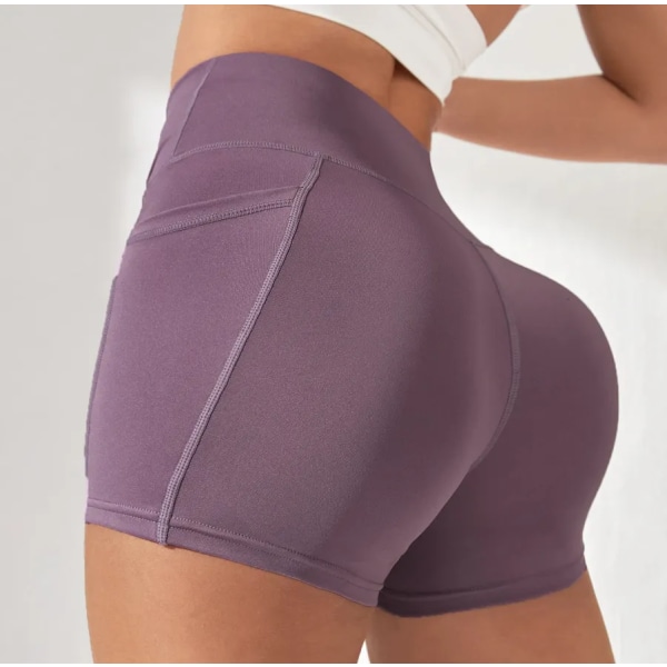 Kvinner Høy midje Yoga Sport Biker Shorts for Fitness Cross Waist Pocket Yoga Pant PURPLE L