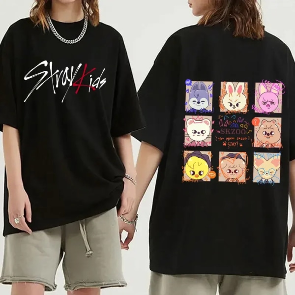 Nya Stray Kids Print Dam T-shirt Herr Mode Kortärmad Casual Sommar Kvinnliga Toppar T-shirts TL45-Black XXL