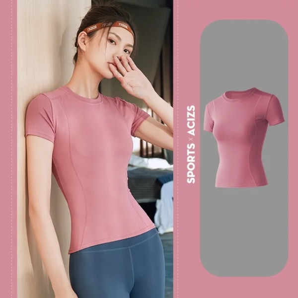Damesport Fitnesstøj Slankt Løbe Svedabsorberende Skinny Yogatøj Hurtigttørrende tøj Kortærmet T-shirt pink XL