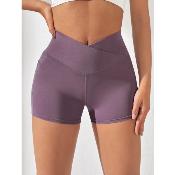 Kvinder High Waist Yoga Sport Biker Shorts til Fitness Cross Waist Pocket Yoga Pant PURPLE L