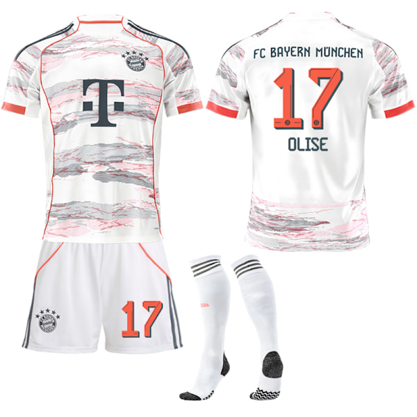 25-26 FC Bayern München Bortatröja NO.17 OLISE Set Barn Vuxen Fotbollsutrustning med Strumpor NO.17 28