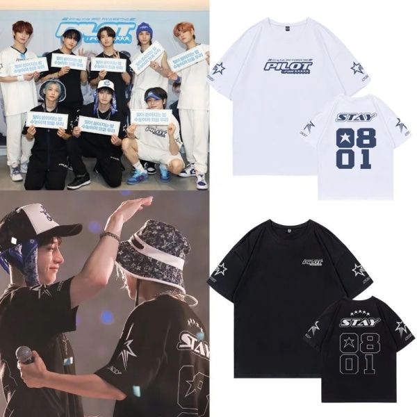 Stray Kids Same T-shirt Damer Mænd SKZ 3RD FM Pilot For 5 Star Concert Bomuld T-shirt Kpop Sommer Kortærmet Drenge T-shirt black 2XL