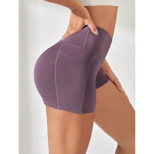 Kvinder High Waist Yoga Sport Biker Shorts til Fitness Cross Waist Pocket Yoga Pant PURPLE L