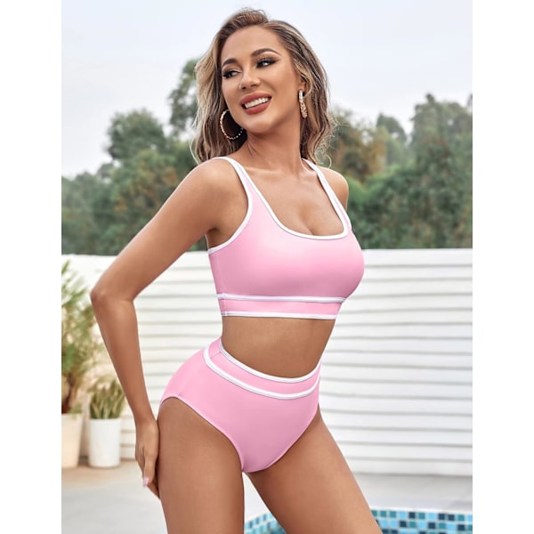 Dametøj Højtaljet Bikini Sæt Sporty Todelt Badetøj Farveblok Cheeky Høj Skåret Badetøj Pink XL