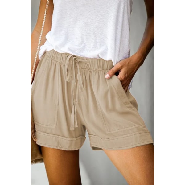 Uformelle shorts for kvinners sommer med høy midje snøring i løs kypert bukser med vidde ben Khaki L