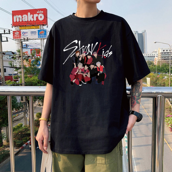 K-POP Stray Kids printed bomull lös T-shirt för män kvinnor black 4 3XL